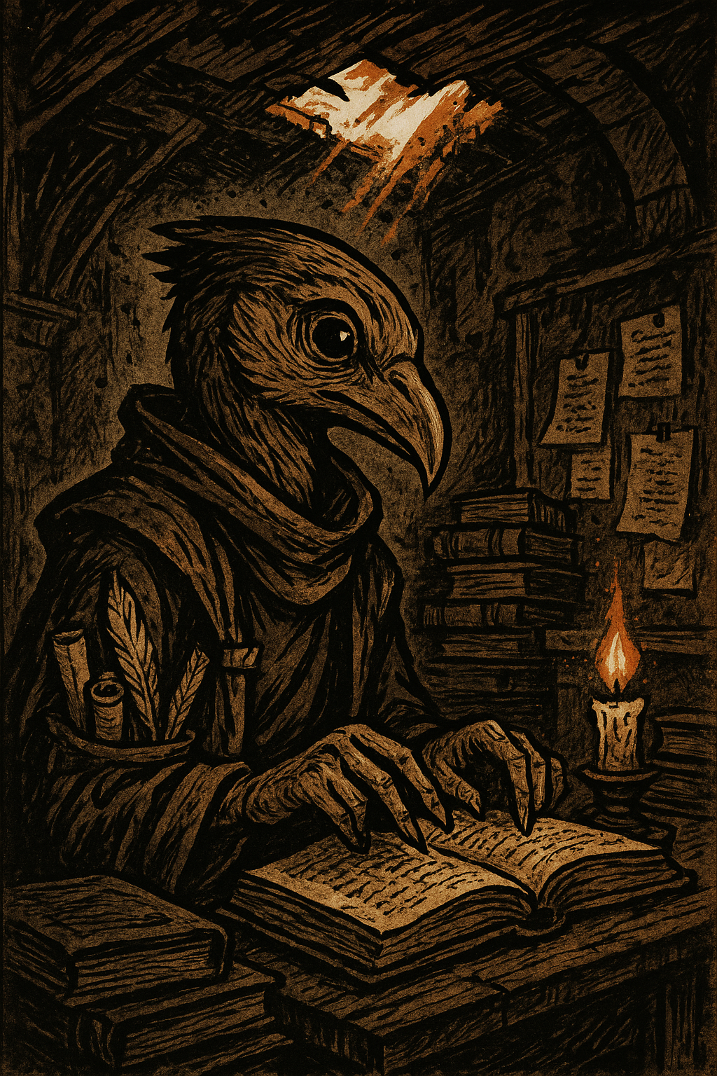 An avian scholar studies ancient texts, their feathered hands carefully turning weathered pages