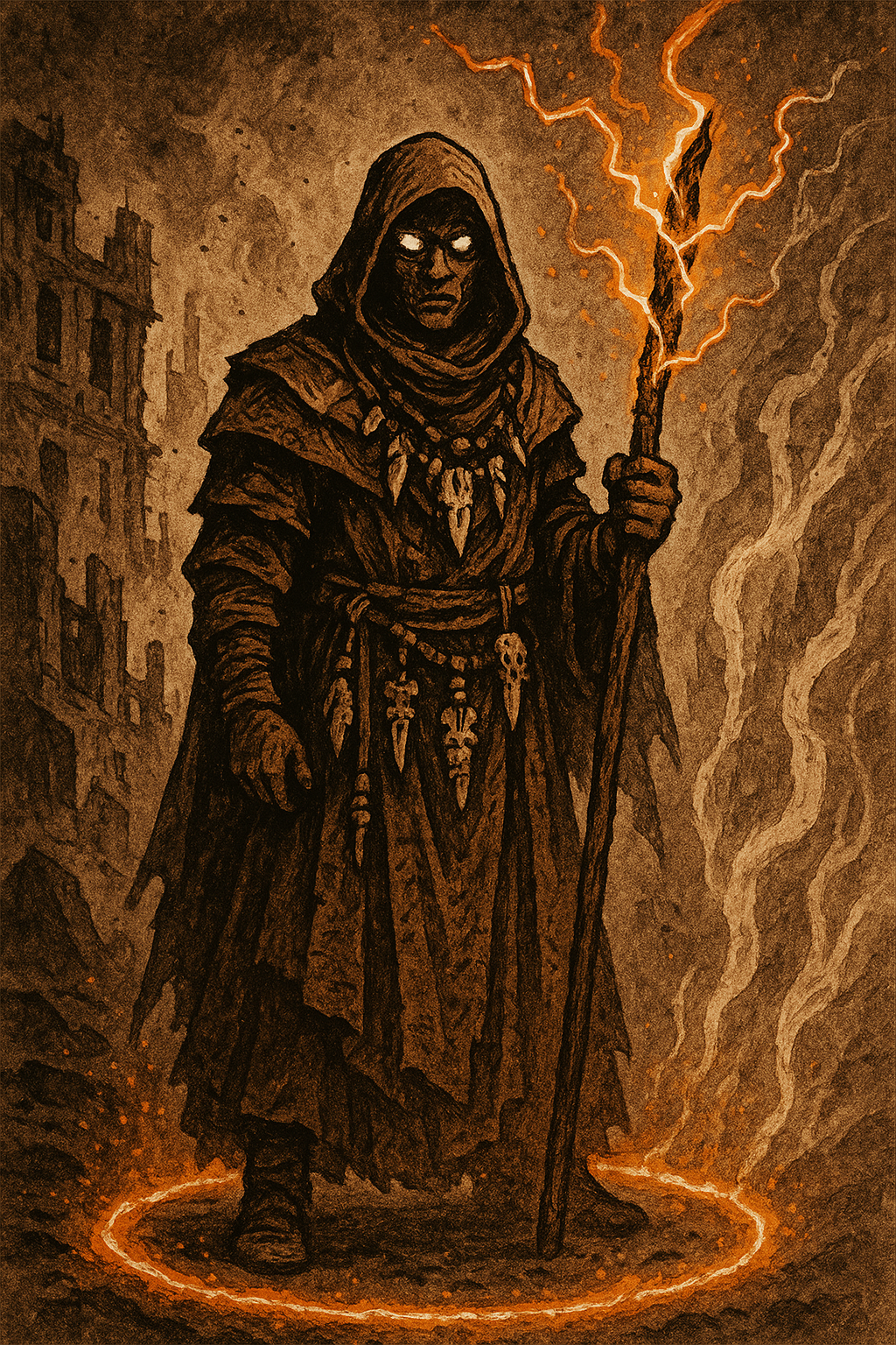 A channeler grips a glowing staff, divine energy crackling between reality and the spirit world