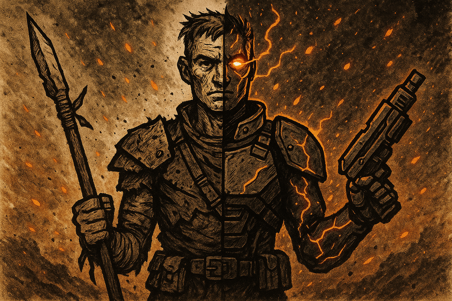 A wasteland survivor transforms — one half shows battered scrap gear, the other gleaming advanced armor and power