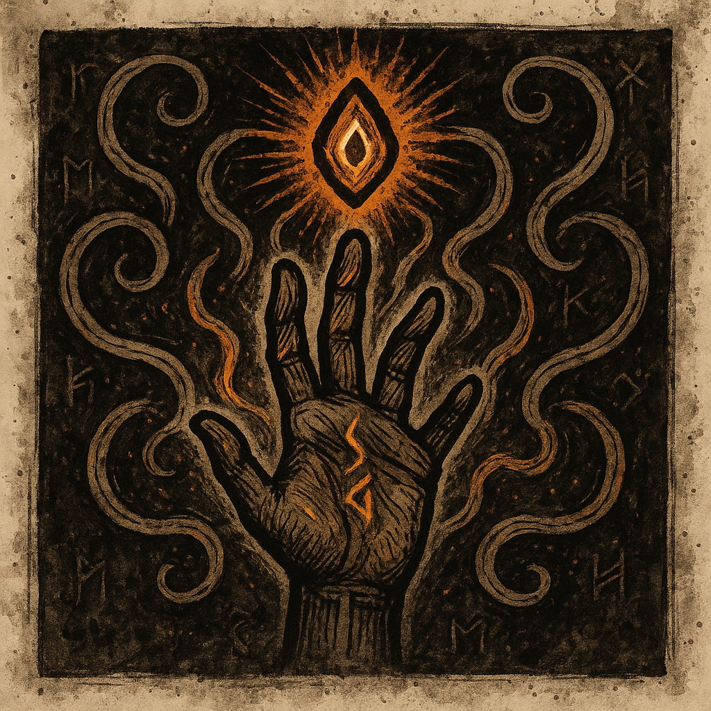 A heraldic emblem — an open hand reaching upward with arcane sigils and a glowing crystal, surrounded by mystical energy