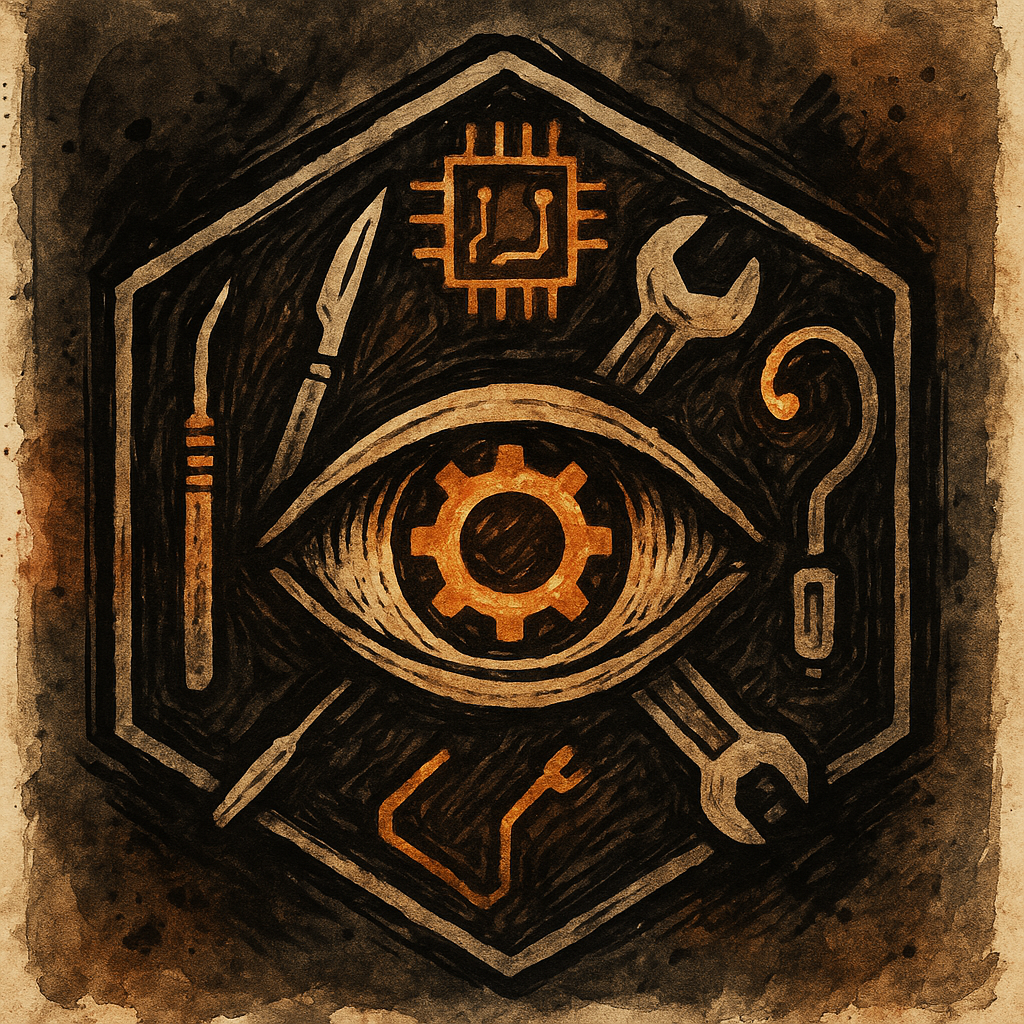 A heraldic emblem — a stylized eye with gear iris inside a hexagonal border, surrounded by specialist tools