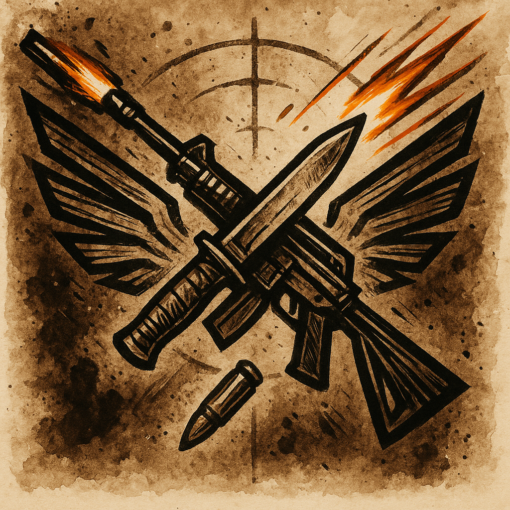 A heraldic emblem — crossed rifle and combat knife with angular wings and a crosshair reticle