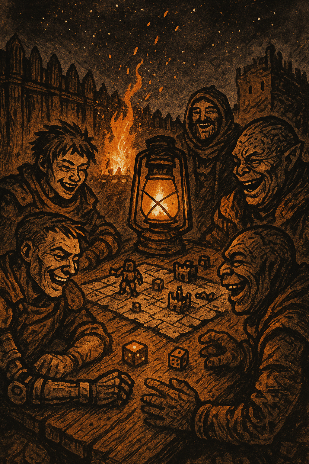 A triptych: a lookout watches from settlement walls, friends gather around a gaming table by lantern light, and diverse hands clasp in alliance