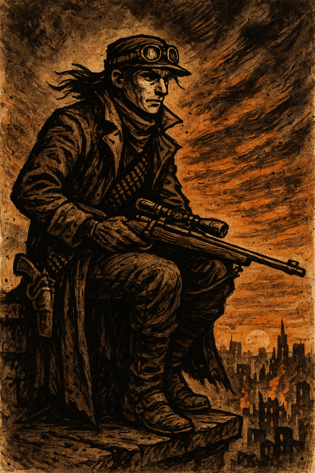 A gunslinger perched on a rooftop, rifle aimed across the wasteland ruins