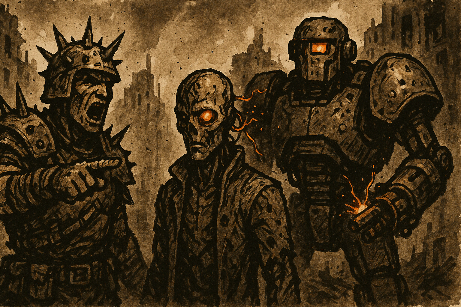 A raider captain, a rogue synthetic, and a pre-war military robot — the humanoid threats of the wasteland