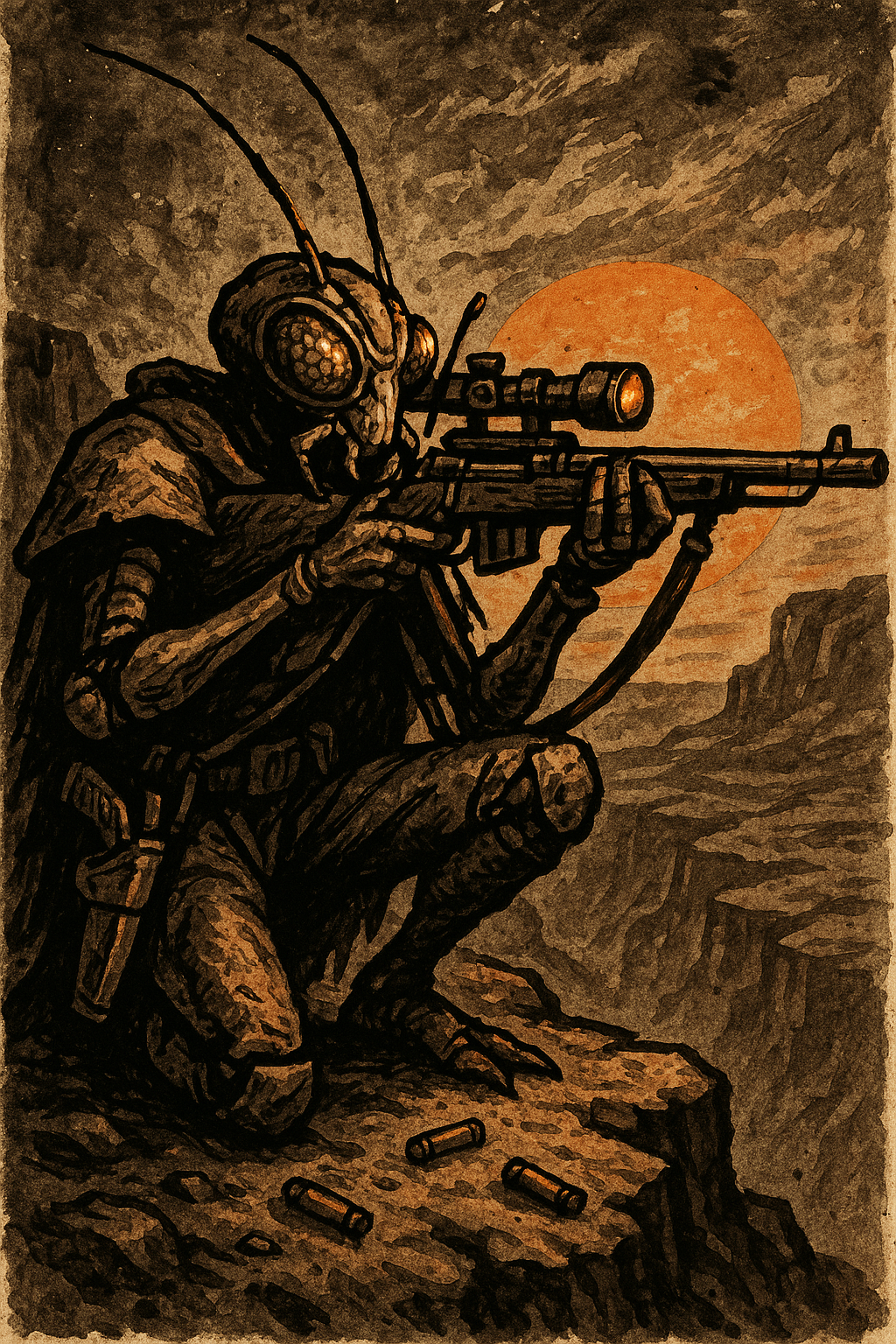 An insectoid gunslinger takes aim with alien precision