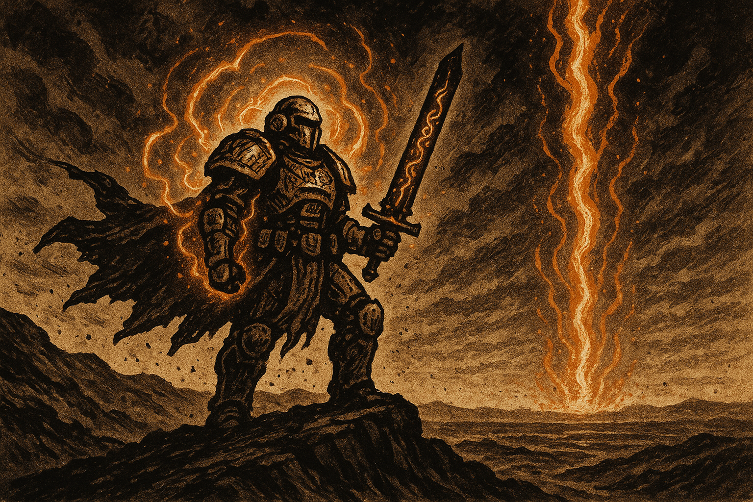 A legendary warrior stands atop a ridge, wielding a weapon that glows with both technological and magical energy