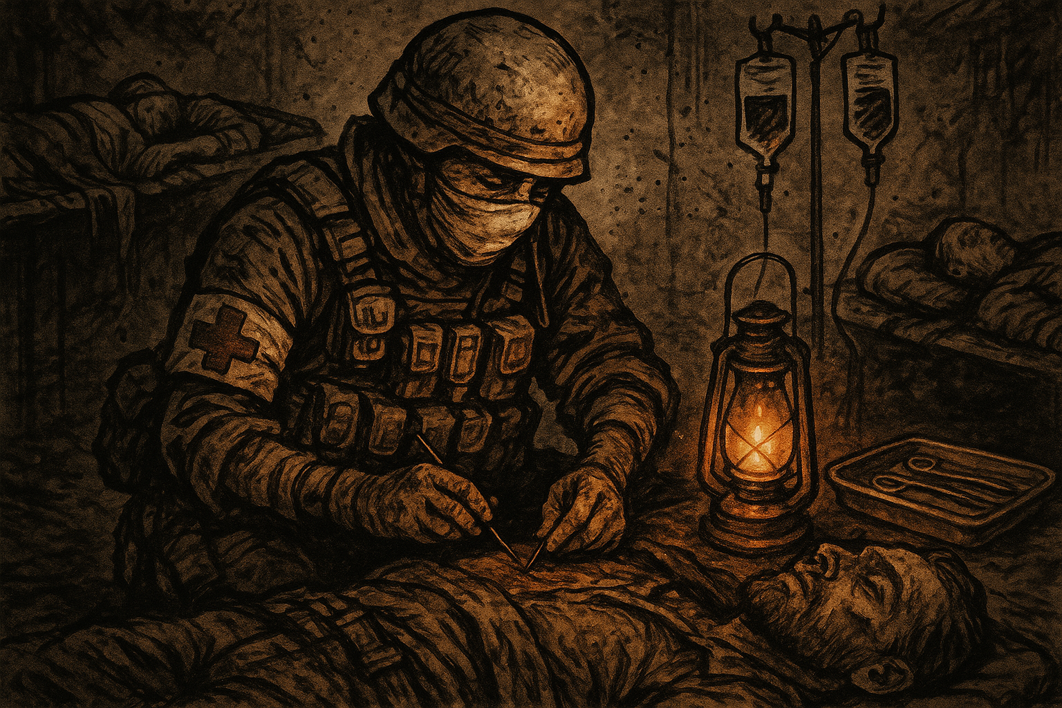 A medic tends to the wounded in a makeshift field hospital, saving lives against impossible odds