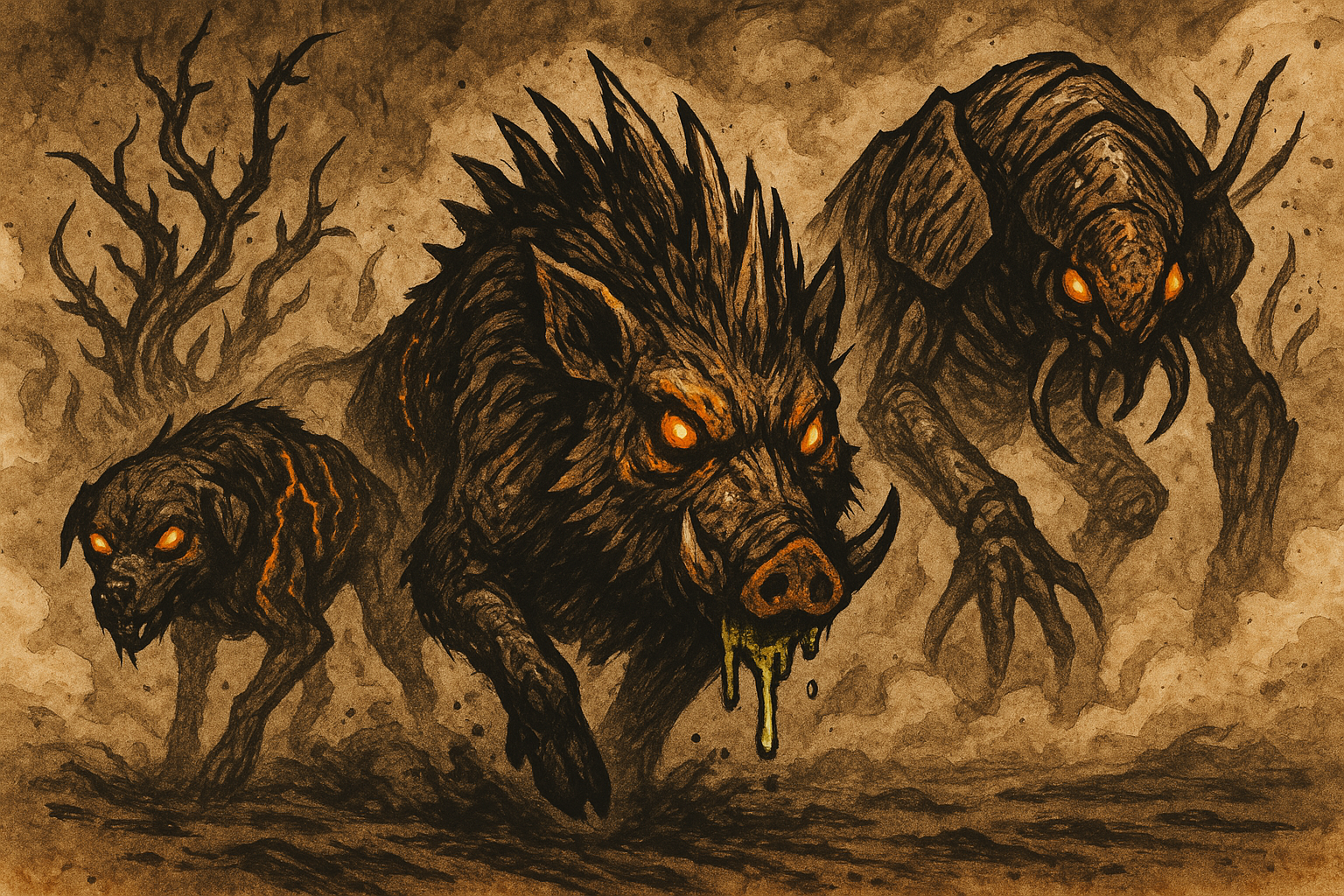 A pack of mutant creatures emerges from radioactive fog — razorbacks, blighthounds, and twisted plant-life