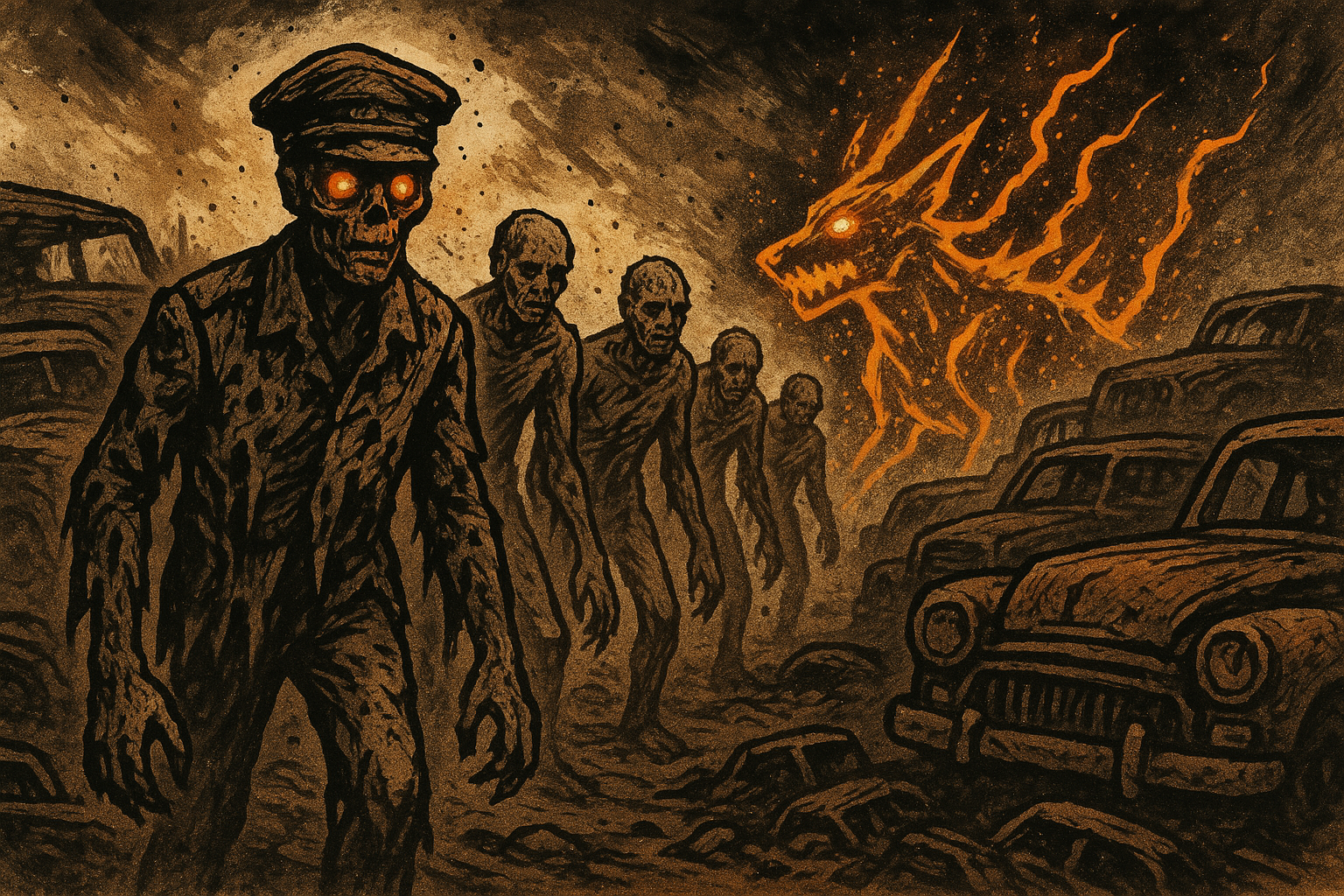 A revenant leads ashwalkers through a vehicle graveyard, arcane beasts of crystallized energy crackling behind them