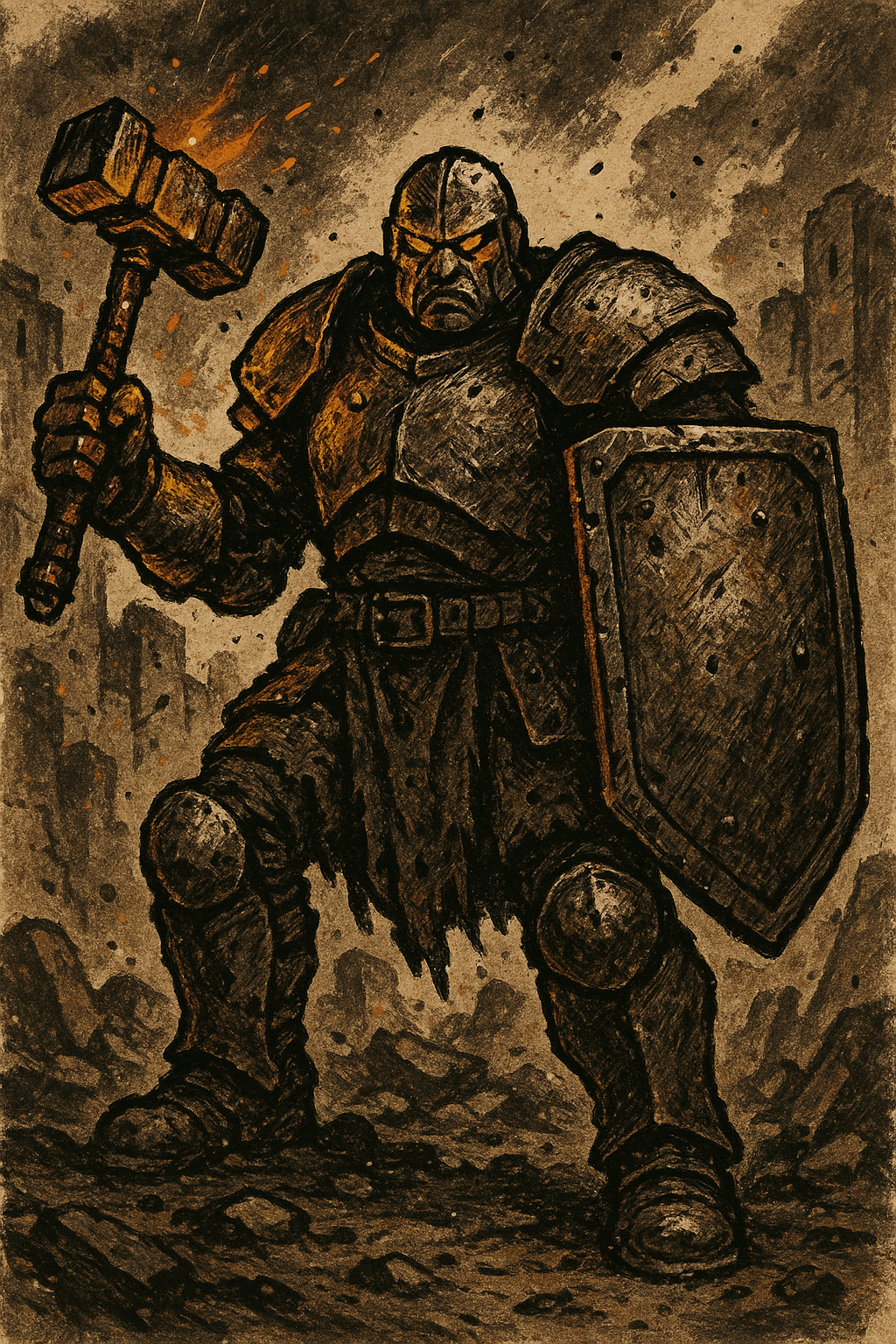 A warrior wielding a massive hammer and shield stands ready for battle in the wasteland